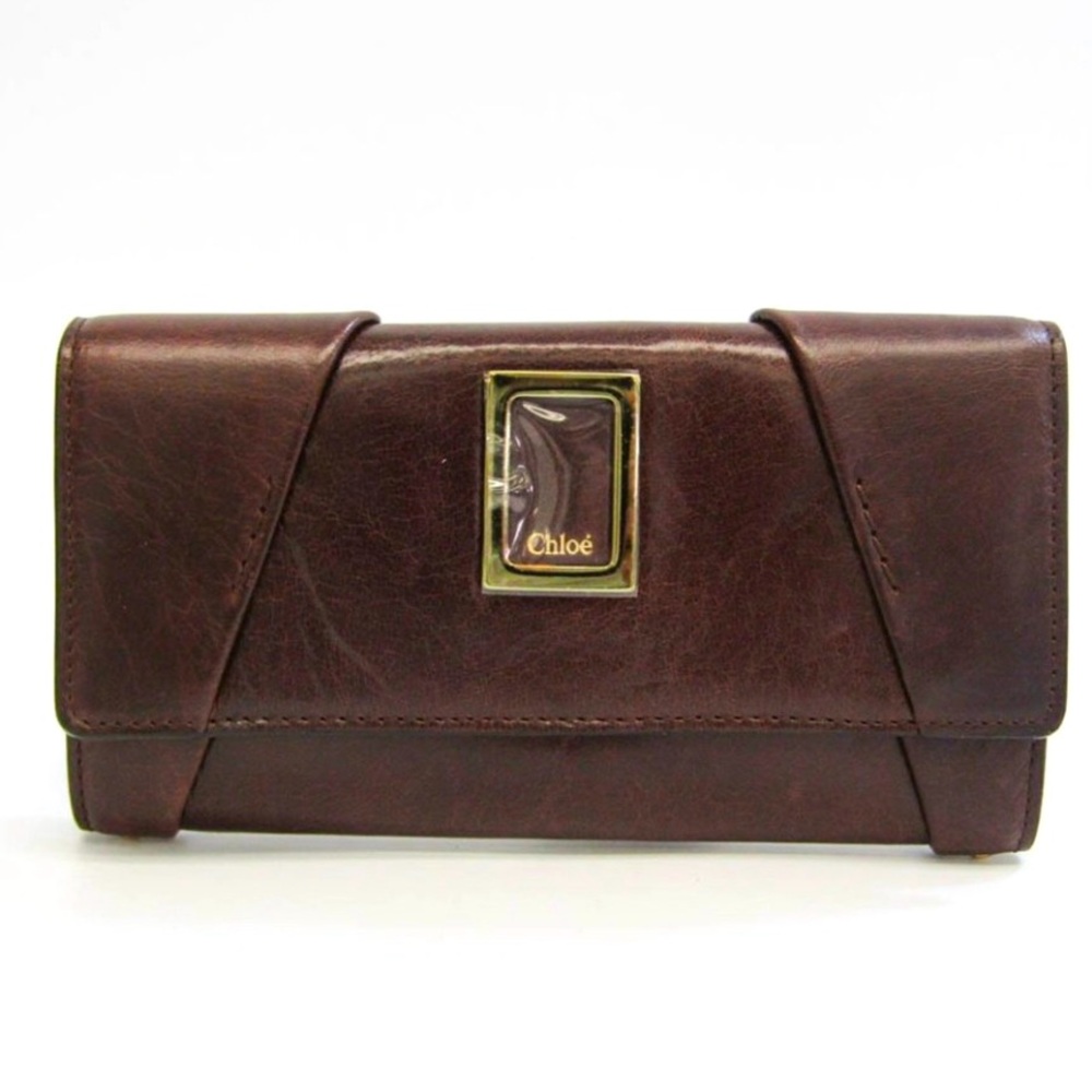 Chloé Rugged Brown Leather 6 CC Slot Zipper Compartment Logo Long Mens Wallet